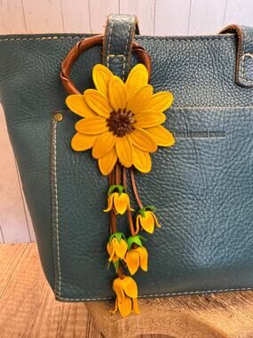 Yellow Sunflower Leather Purse Charm Genuine Leather Flower Bag Charm FAST SHIP